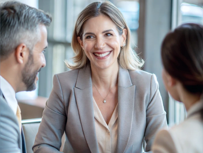 Smiling businesswoman discussing insurance outsourcing support services with a professional team.